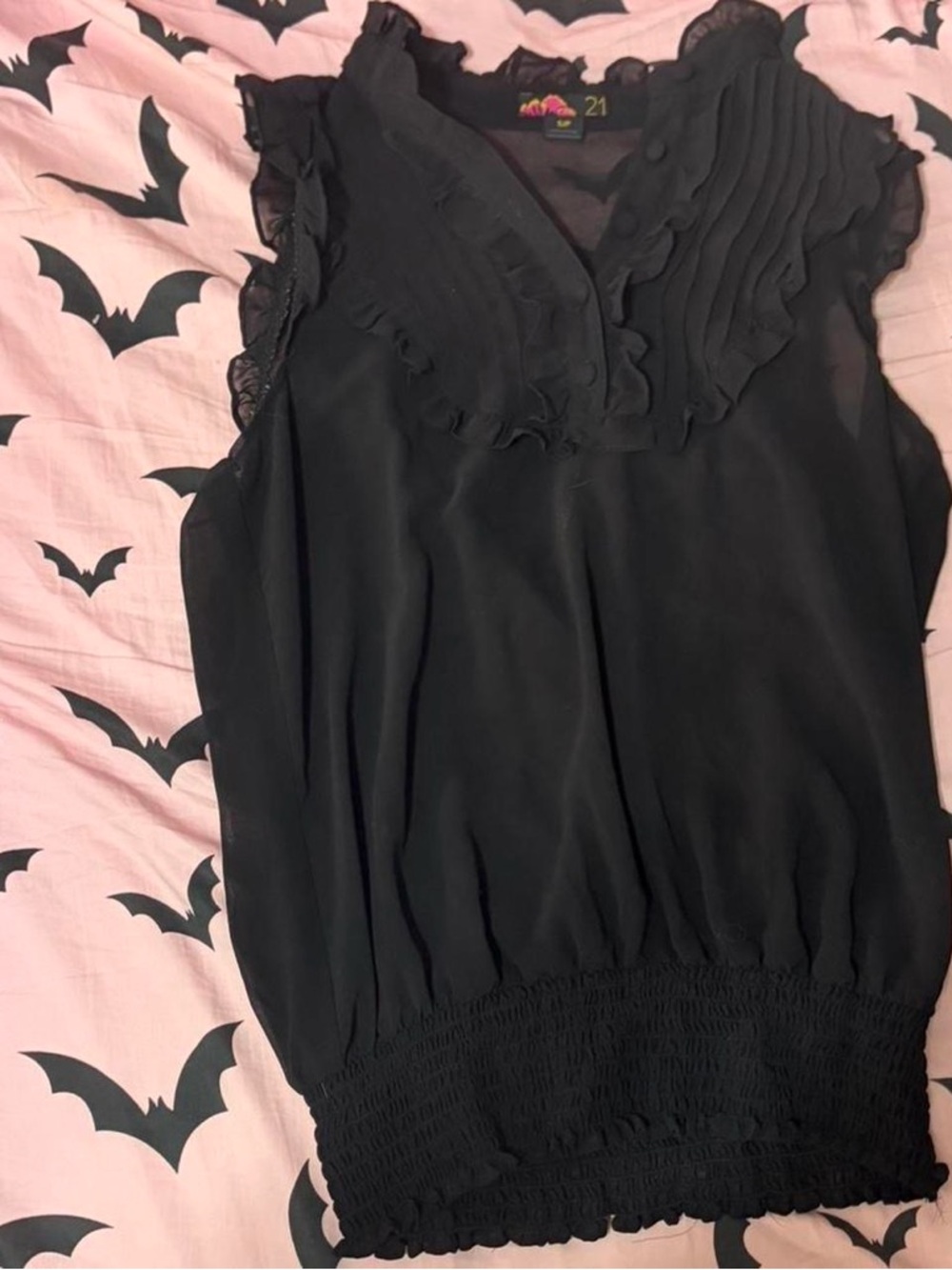 Black Ruffled Sleeveless Twee Blouse